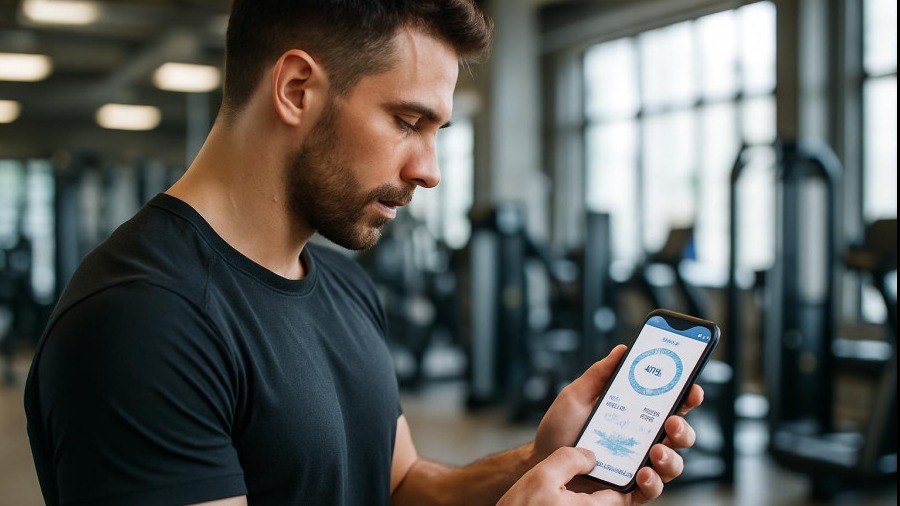 Gym member checking fitness app for workout progress and stats