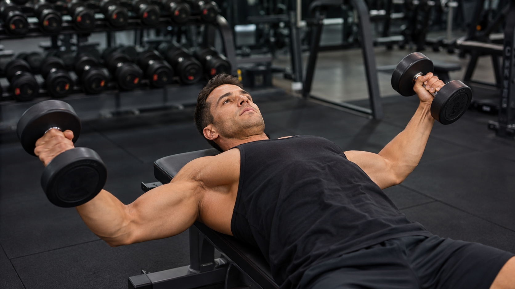 Athletic man performing a dumbbell chest fly in a gym