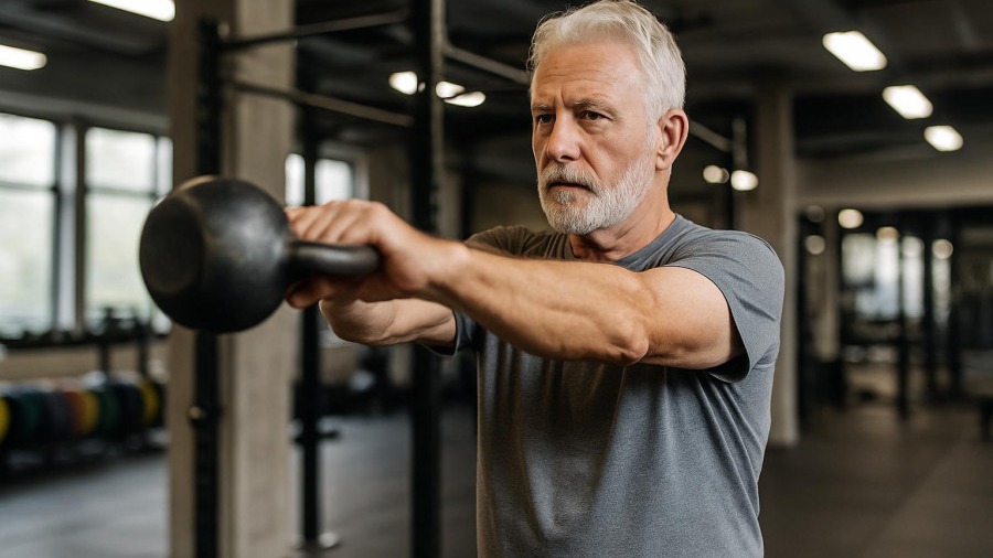 Older gym member practicing kettlebell exercises for strength training after 50.