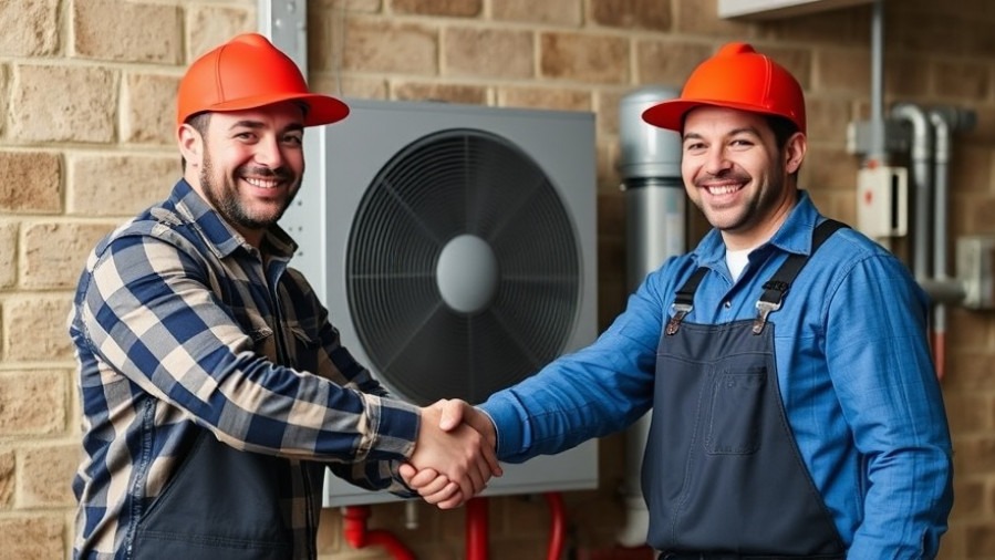 Happy HVAC contractors shaking hands during private equity dealings for HVAC business.