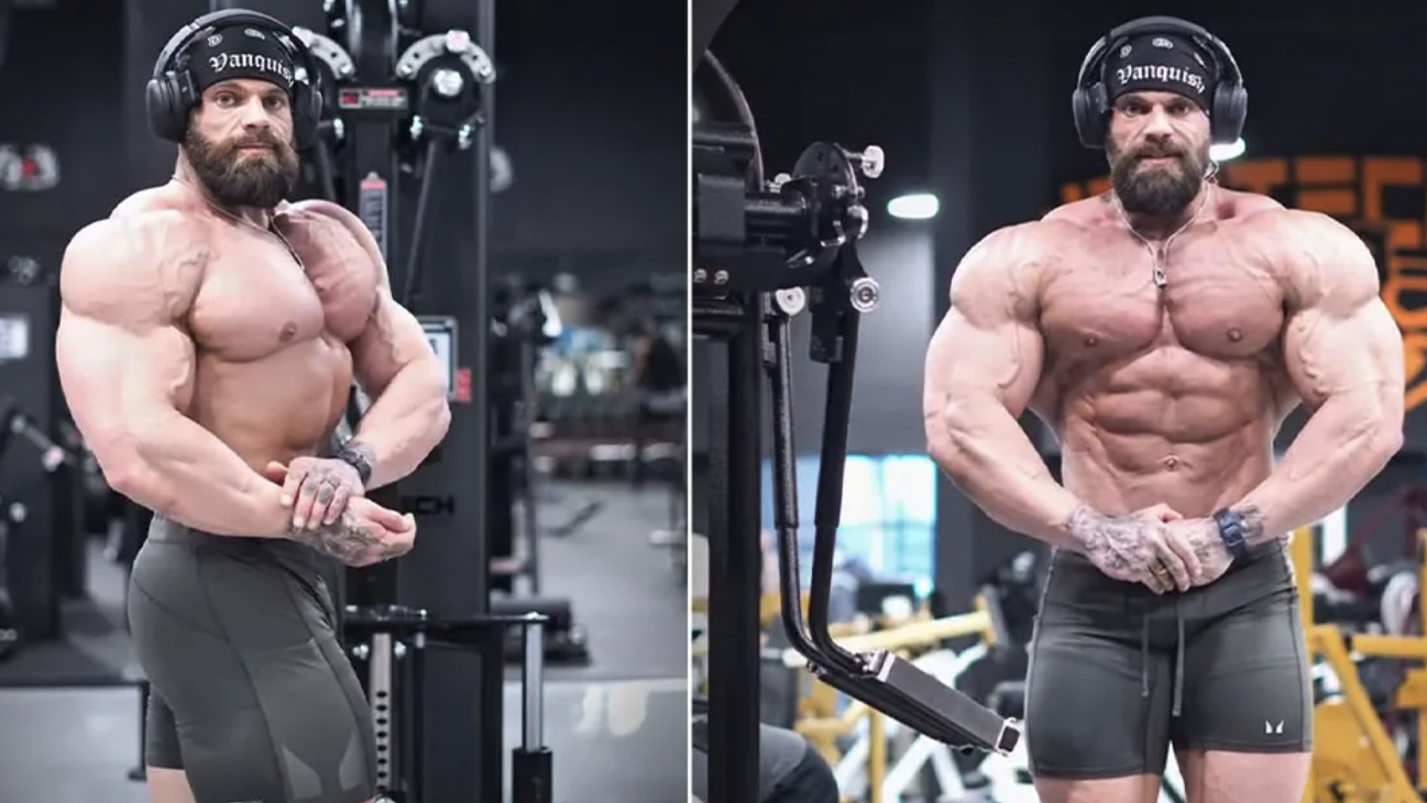 Muscular man flexing by a purple sports car in an urban setting.