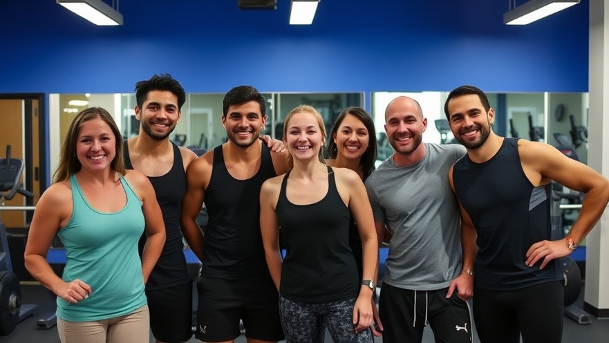 Joyful gym members celebrating fitness success together.