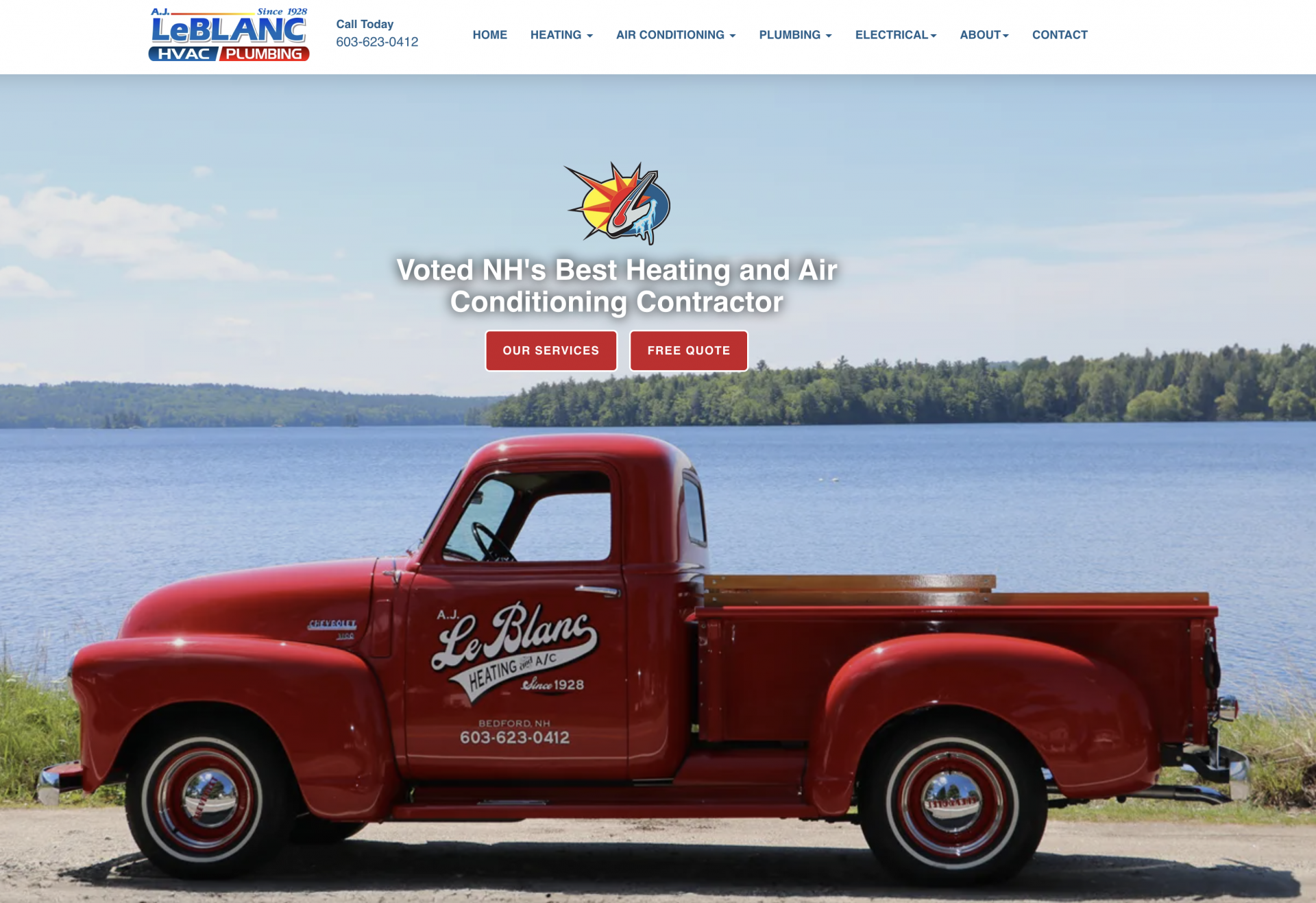 Bold HVAC logo with sunburst and ice, A.J. LeBlanc branding prominent.