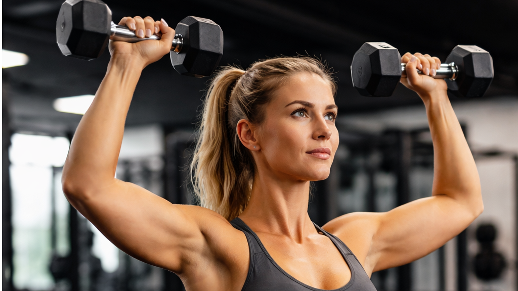 Athletic woman performing shoulder stability exercises with dumbbells, bright gym setting.
