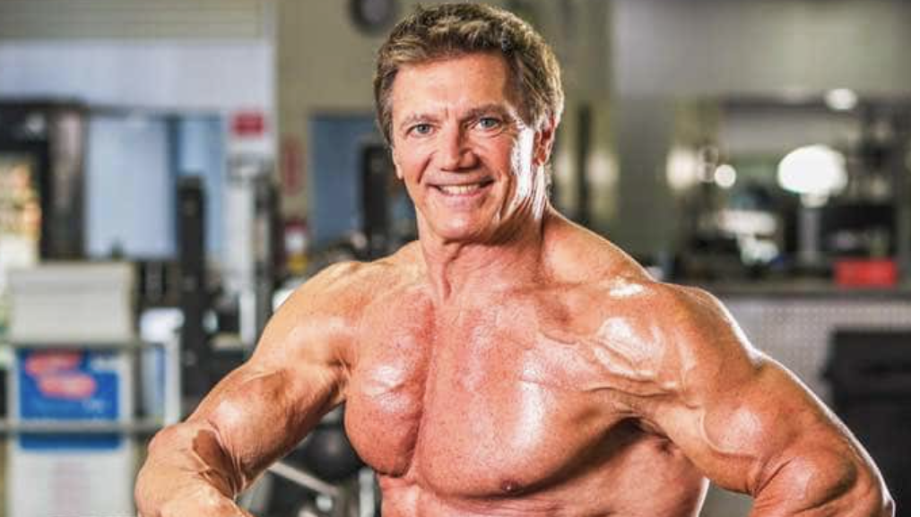 Muscular mature man for adjusted training over 60 bodybuilding, podcast logo backdrop.