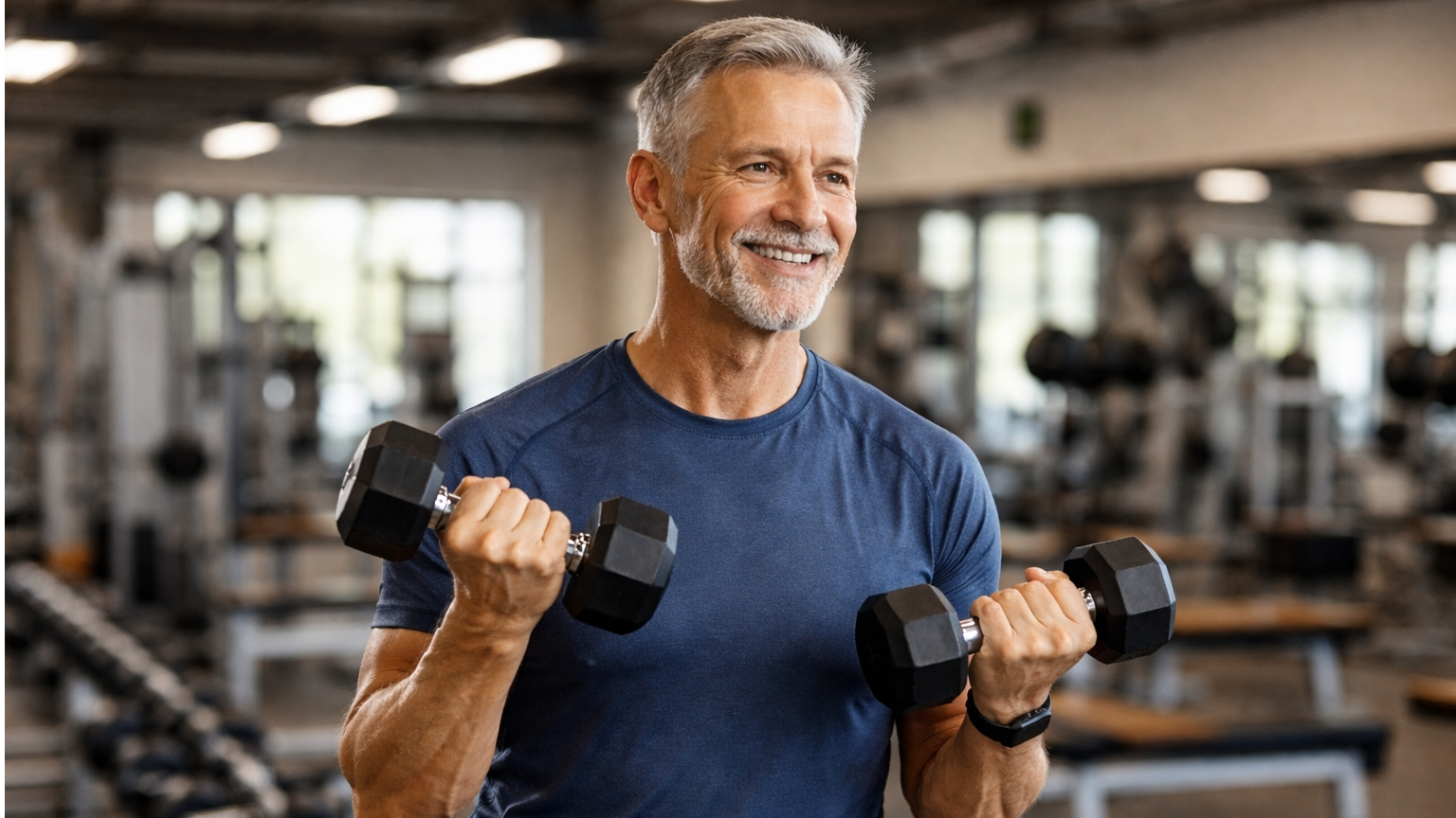 Senior confidently performing dumbbell exercises in a bright home setting.