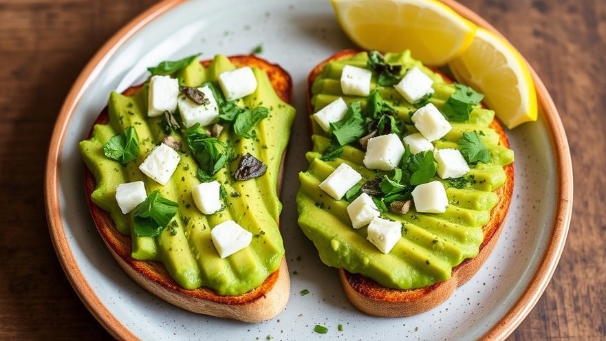 High-protein avocado toast with herbs and cheese on a ceramic plate.
