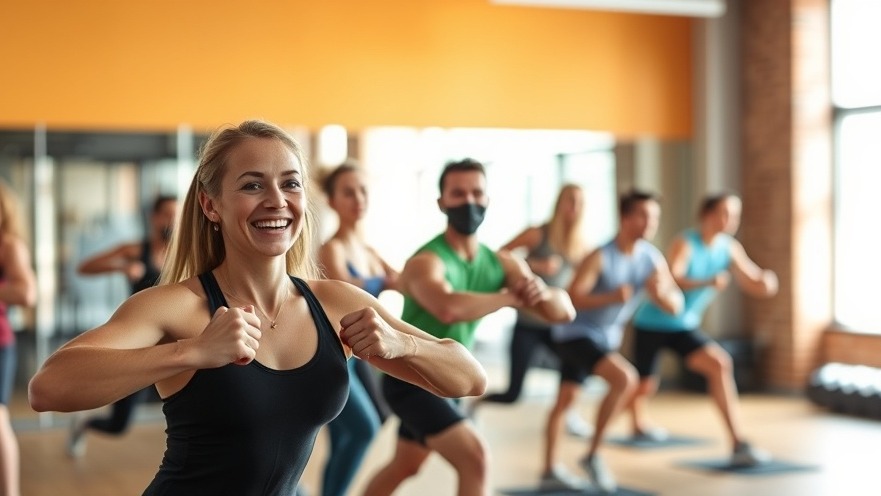 Happy gym members participating in an energetic workout class.
