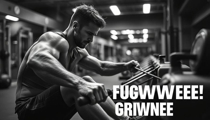 Intense CrossFit HYROX athlete rowing in gym, black and white.