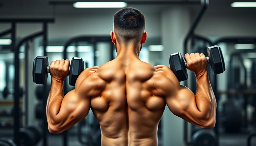 Athlete showing rear deltoids exercises with dumbbells in gym setting.
