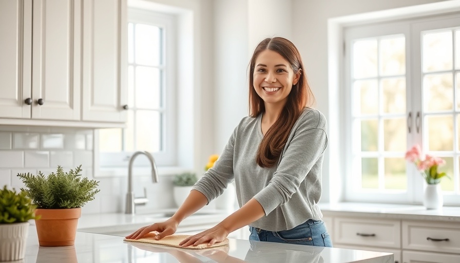 Woman using DIY natural cleaning products in a bright kitchen.