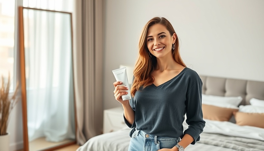 Woman smiling and holding a product in a modern bedroom during EquiLife Semi-Annual Summer Sale.