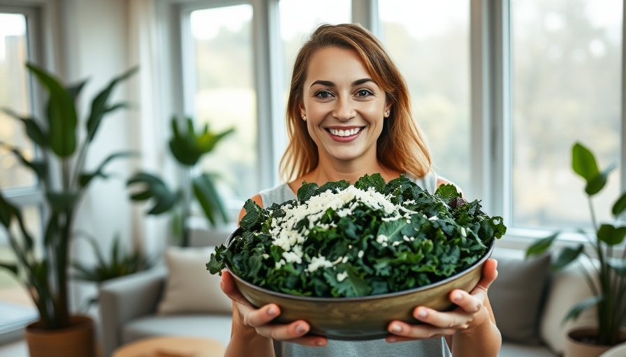 True Food Tuscan Kale Salad Recipe held by smiling woman in warm living room.