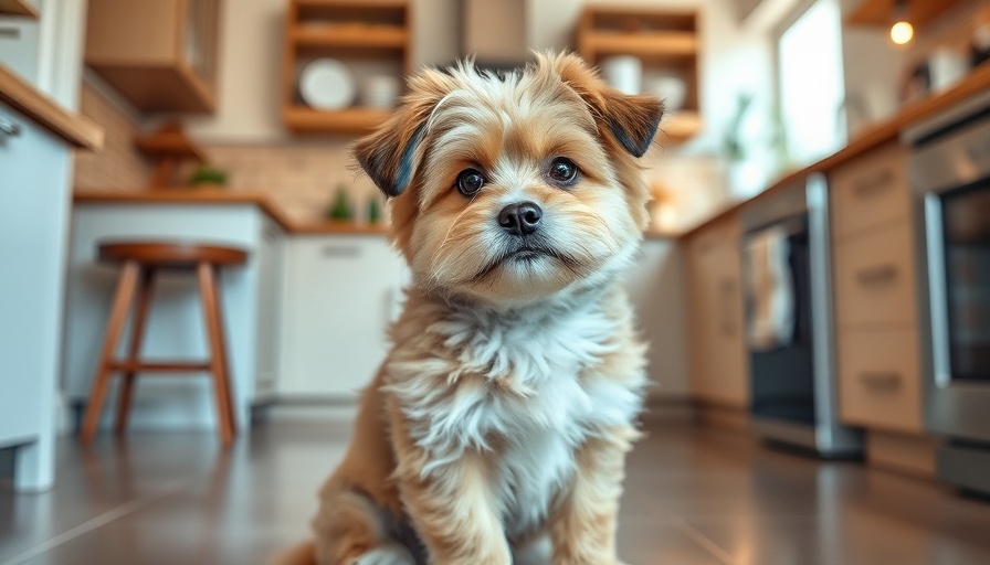 Adorable dog sitting in modern kitchen, warm home setting