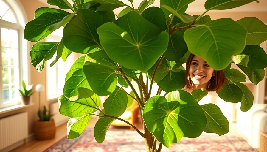 Woman examining fiddle leaf fig tree indoors, learning how to take care of a fiddle leaf fig tree.
