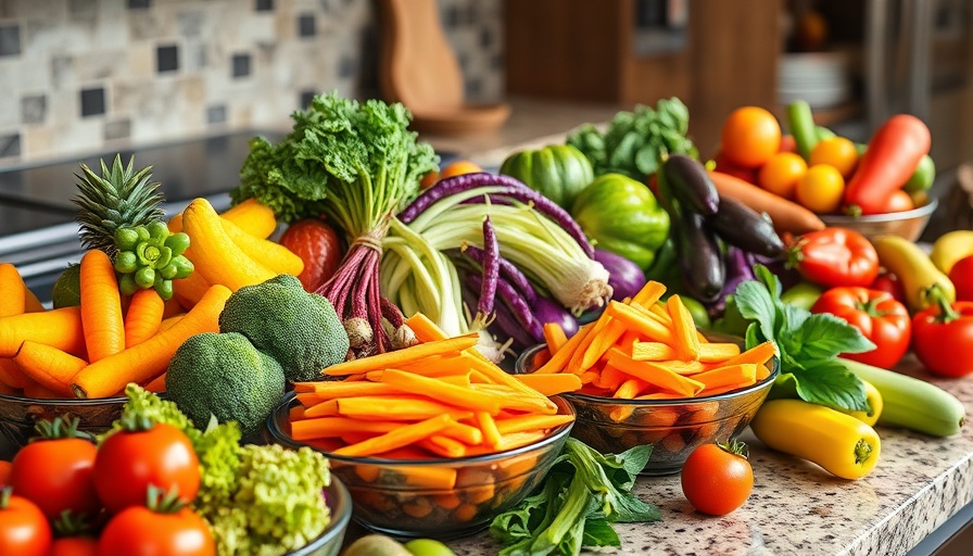Healthy meal prep with fruits and vegetables, reducing packaged snacks for kids.