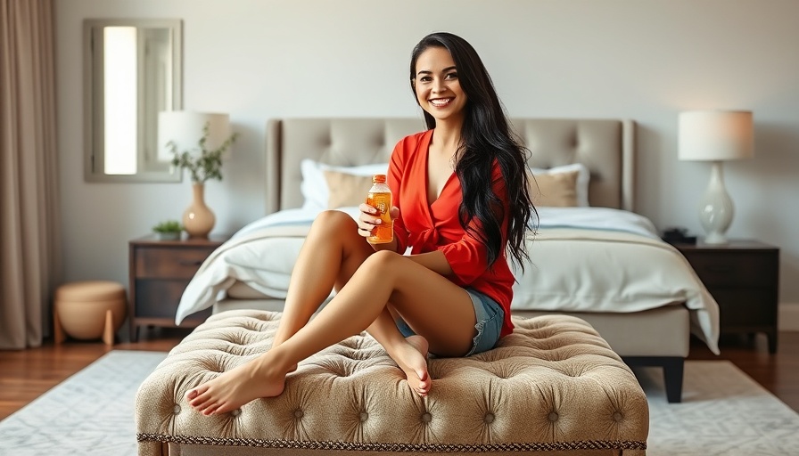 Cheerful woman holding drink in bedroom, exploring hidden reasons for tiredness.