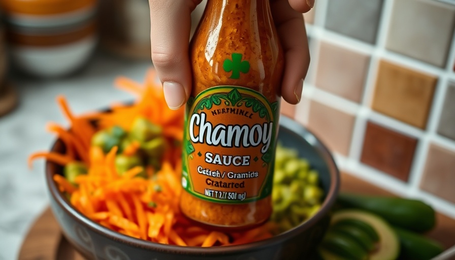 Hand holding chamoy bottle over fresh veggies, highlighting healthy eating habits for kids.