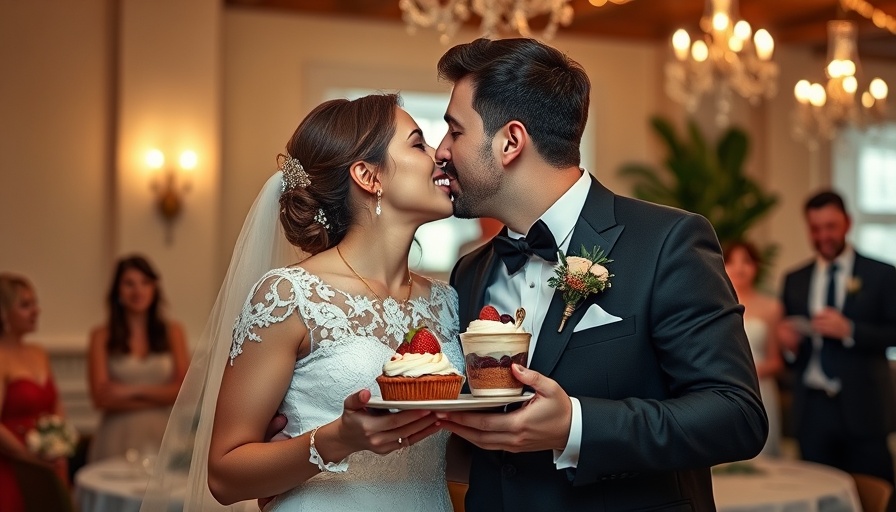 Wedding couple kissing while holding dessert at a reception.