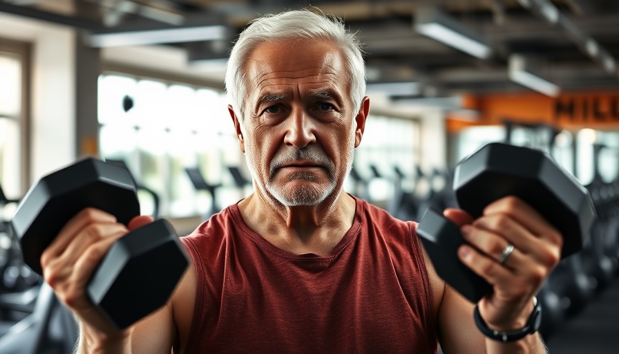 Senior man engaged in strength training in a gym environment.
