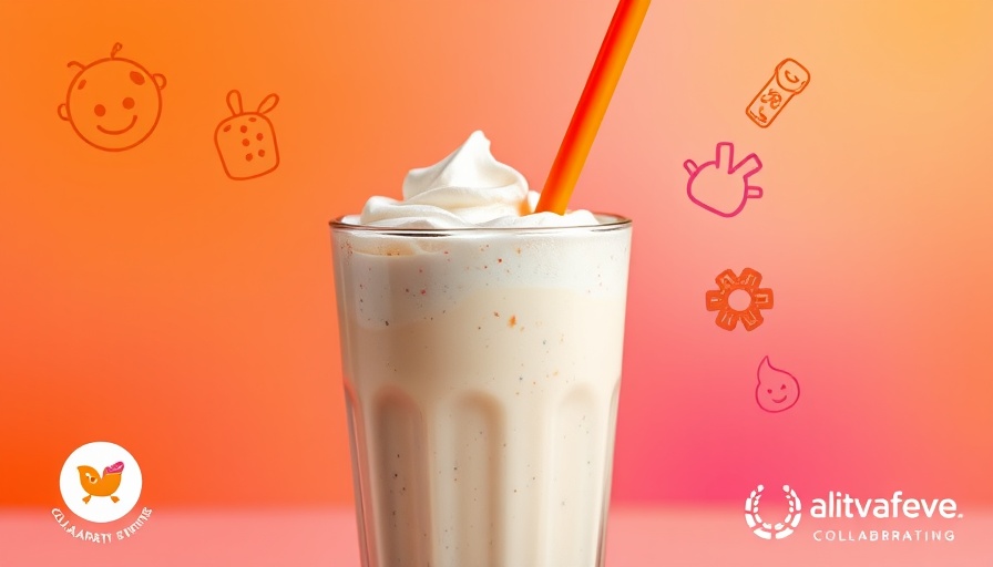 Creamy dairy-free milkshake with straw in colorful ad.