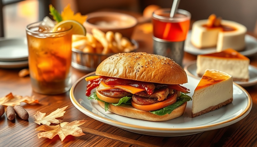 Sizzlin' Fall Flavors Menu: sandwich, fries, cocktail, cheesecake.