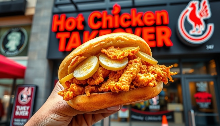 Hand holding crispy chicken sandwich at Hot Chicken Takeover closure.