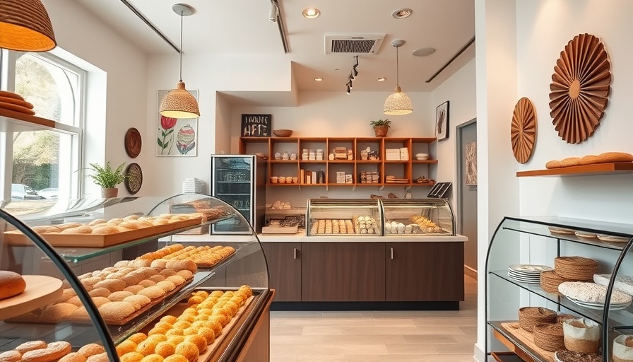 Modern bakery interior displaying diverse pastries behind glass; Scaling Sourdough Bread.