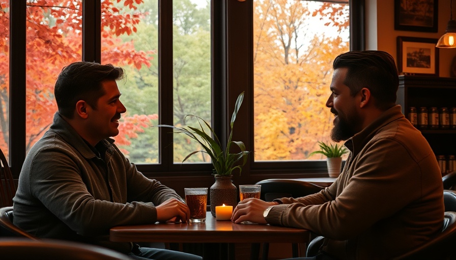Panera cafe scene with two men talking, autumn ambiance.