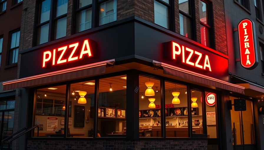 Modern pizzeria exterior with neon lights at dusk, best gluten-free pizzeria