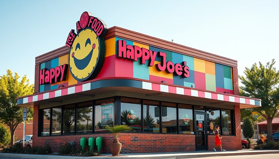 Happy Joe's restaurant with vibrant signage and greenery.