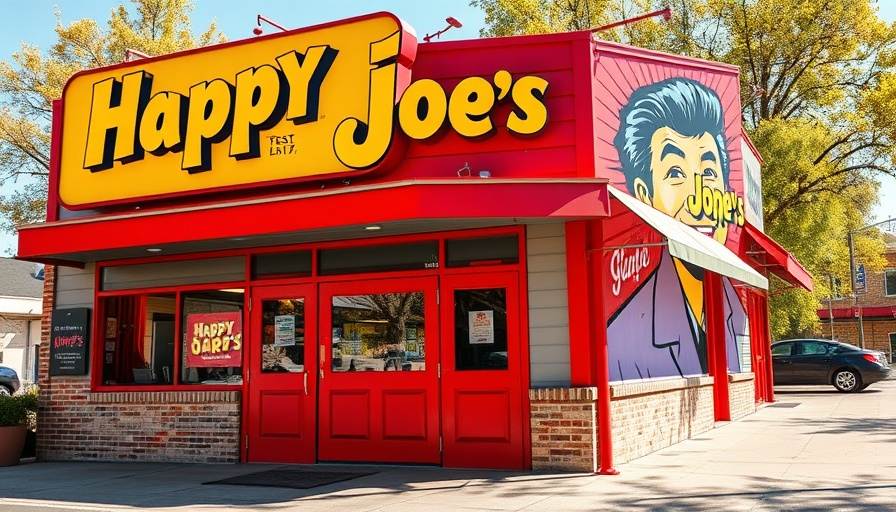Colorful Happy Joe's restaurant exterior showcasing branding.