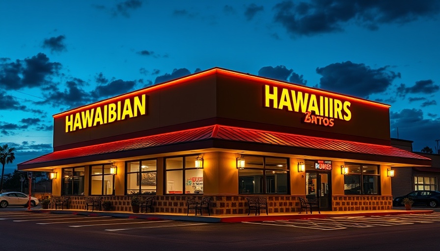 Hawaiian Bros franchise restaurant at night, warm lighting and modern design.