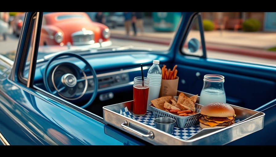 Restaurant innovations trends: retro drive-in tray on vintage blue car.