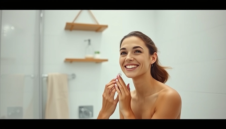 Woman applying clean beauty product in bright modern bathroom.