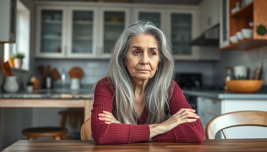Mature woman with confused expression at kitchen table.