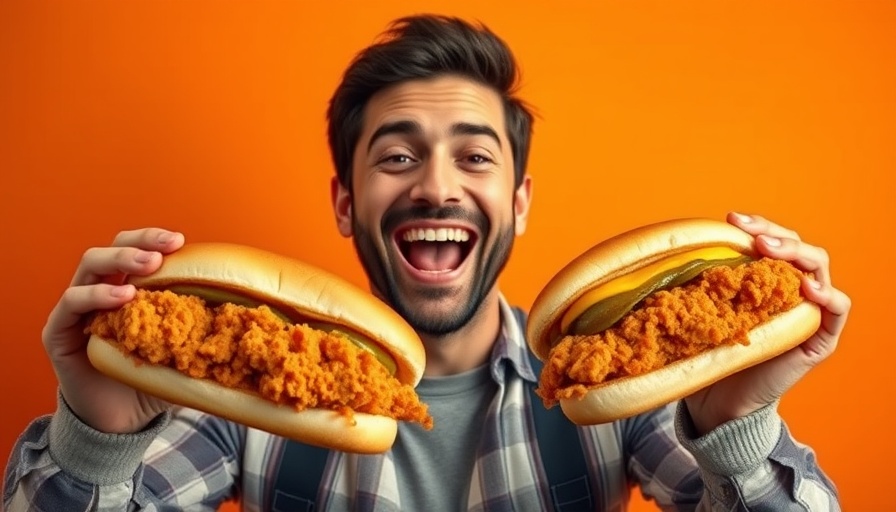 Shaquille O'Neal Big Chicken operational challenges depicted with an enthusiastic man holding sandwiches.