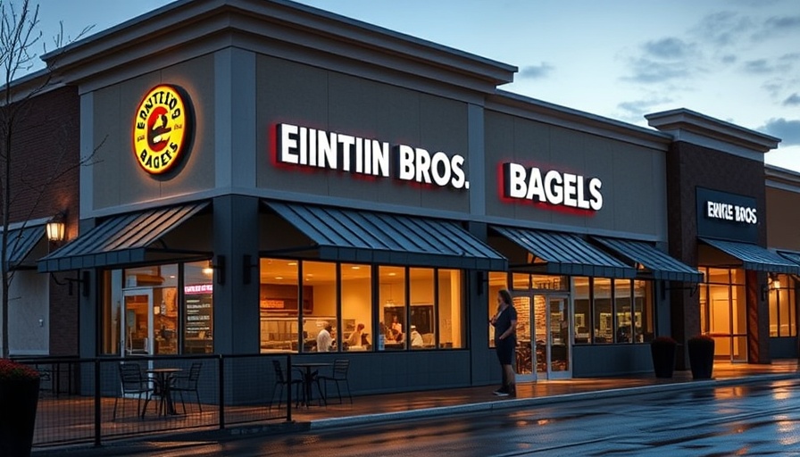 Modern Einstein Bros. Bagels storefront rebranded, evening.