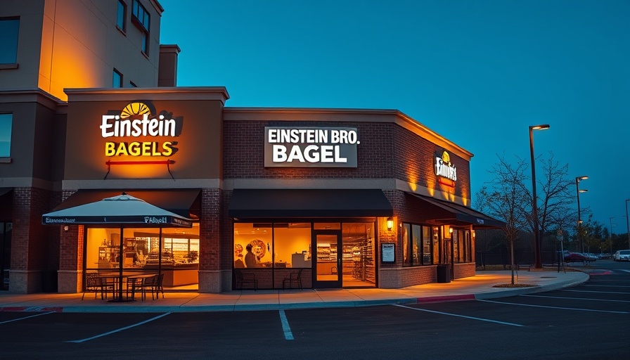 Modern Einstein Bros. Bagels storefront with evening ambiance.