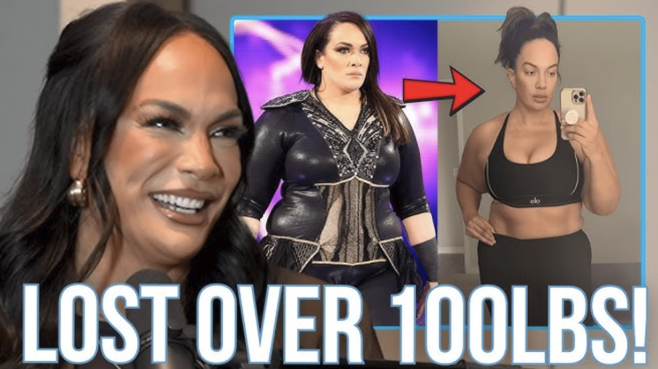 Powerful female WWE superstar showcasing her fitness journey in dramatic lighting.