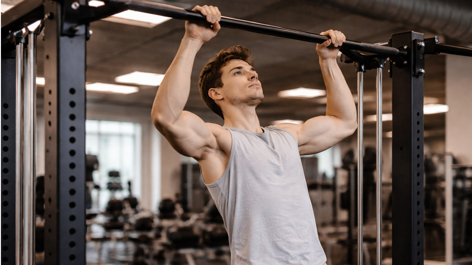 Fit person demonstrating pullups in gym environment, Make Pullups Easier.