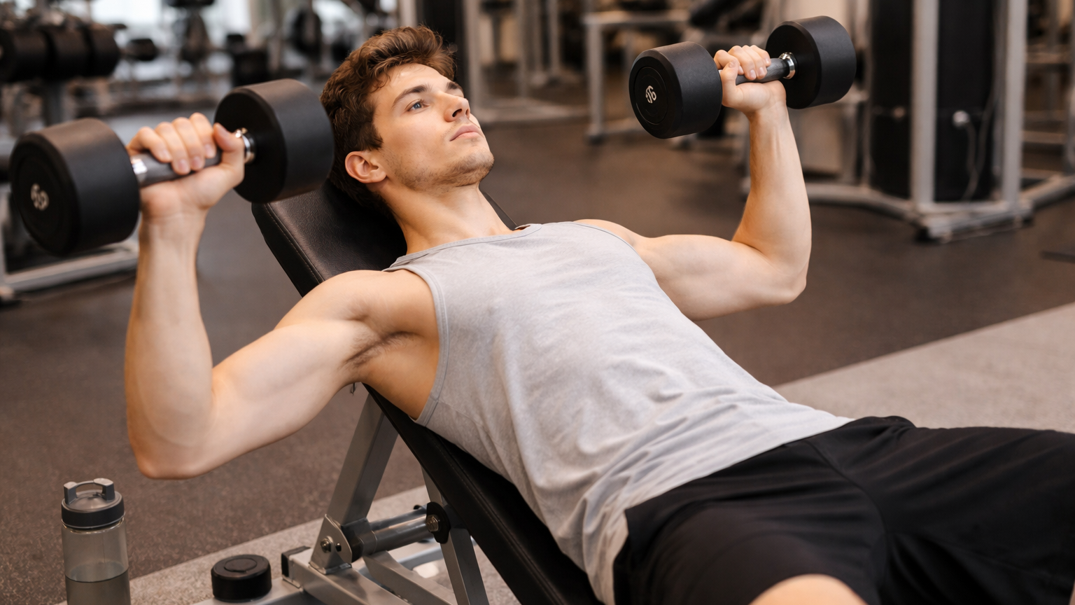 Muscular man lifting dumbbells as part of carry exercise for skinny guys.
