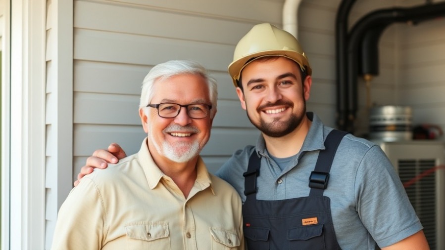 Happy homeowner with HVAC contractor showcasing heating and cooling services.