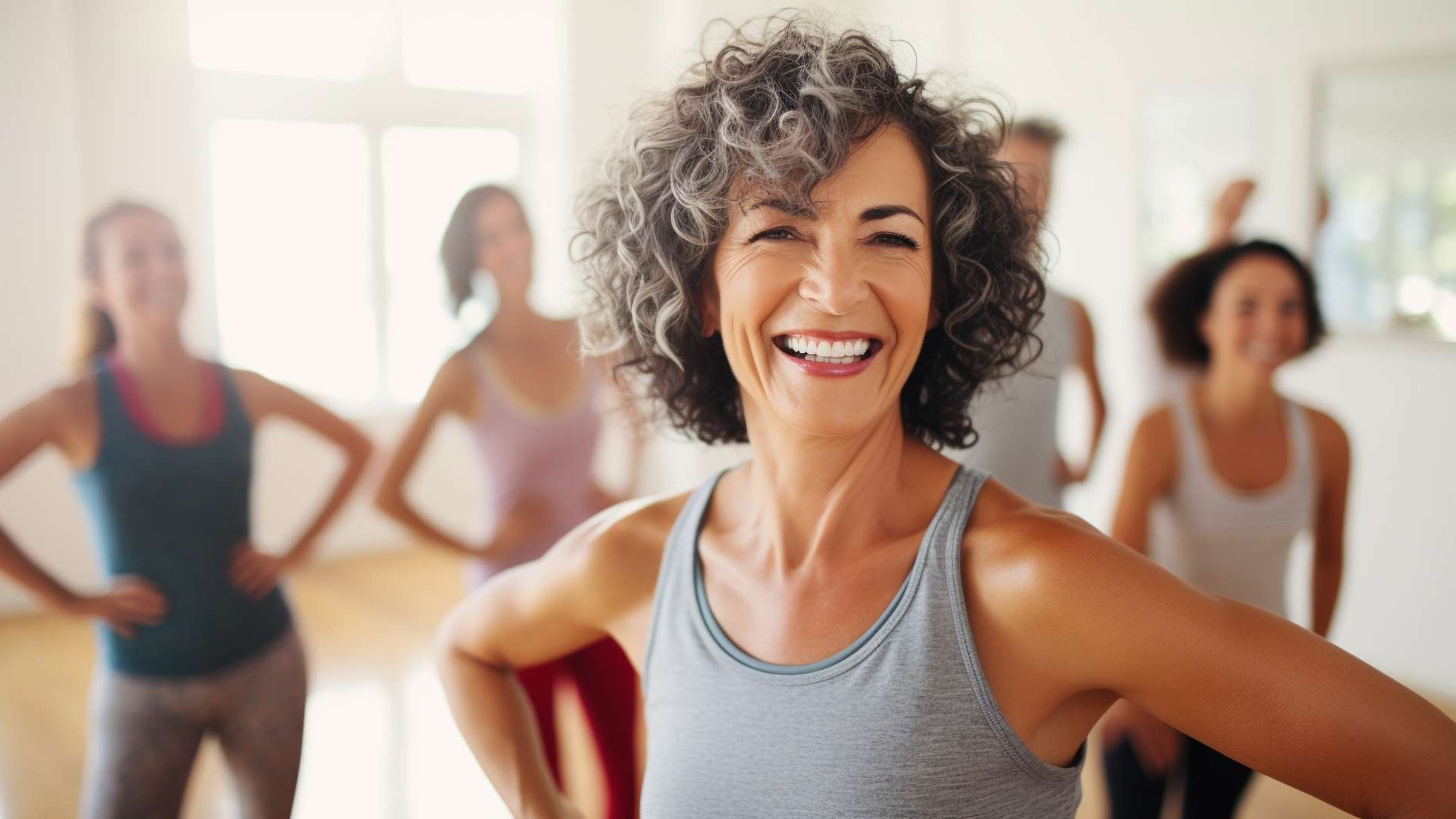 Smiling middle-aged woman stretching in sunrise-lit window, embodying healthy aging and morning routine.