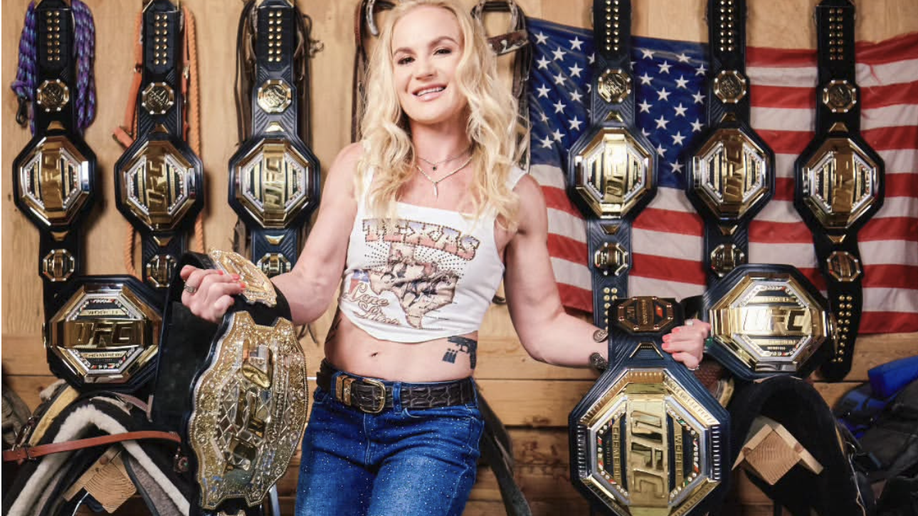 Valentina Shevchenko's UFC dominance highlighted with belts.