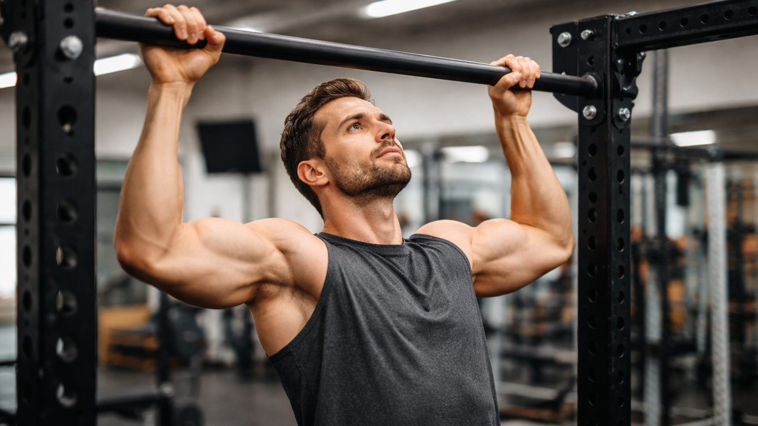 Muscular man performing pull-up exercise in gym, showcasing defined back.
