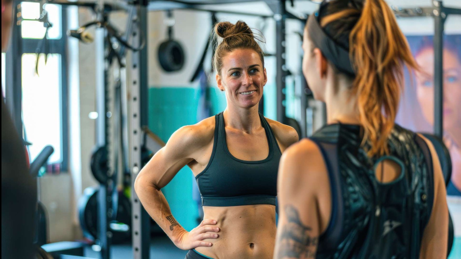 modern gym interior with diverse group of people working out, gym equipment, relaxed atmosphere, and natural lighting emphasizing gym routine benefits