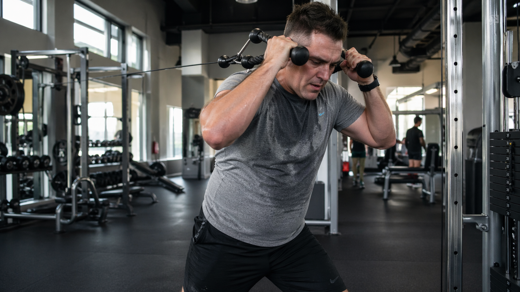 Fit man demonstrates how to lose stubborn belly fat in a gym setting.