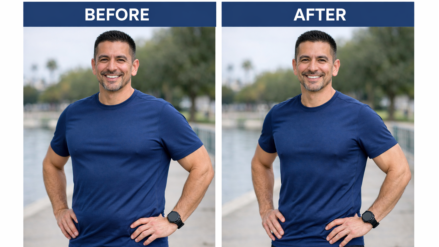 Smiling young man showcasing body transformation success in gym, confident thumbs-up.