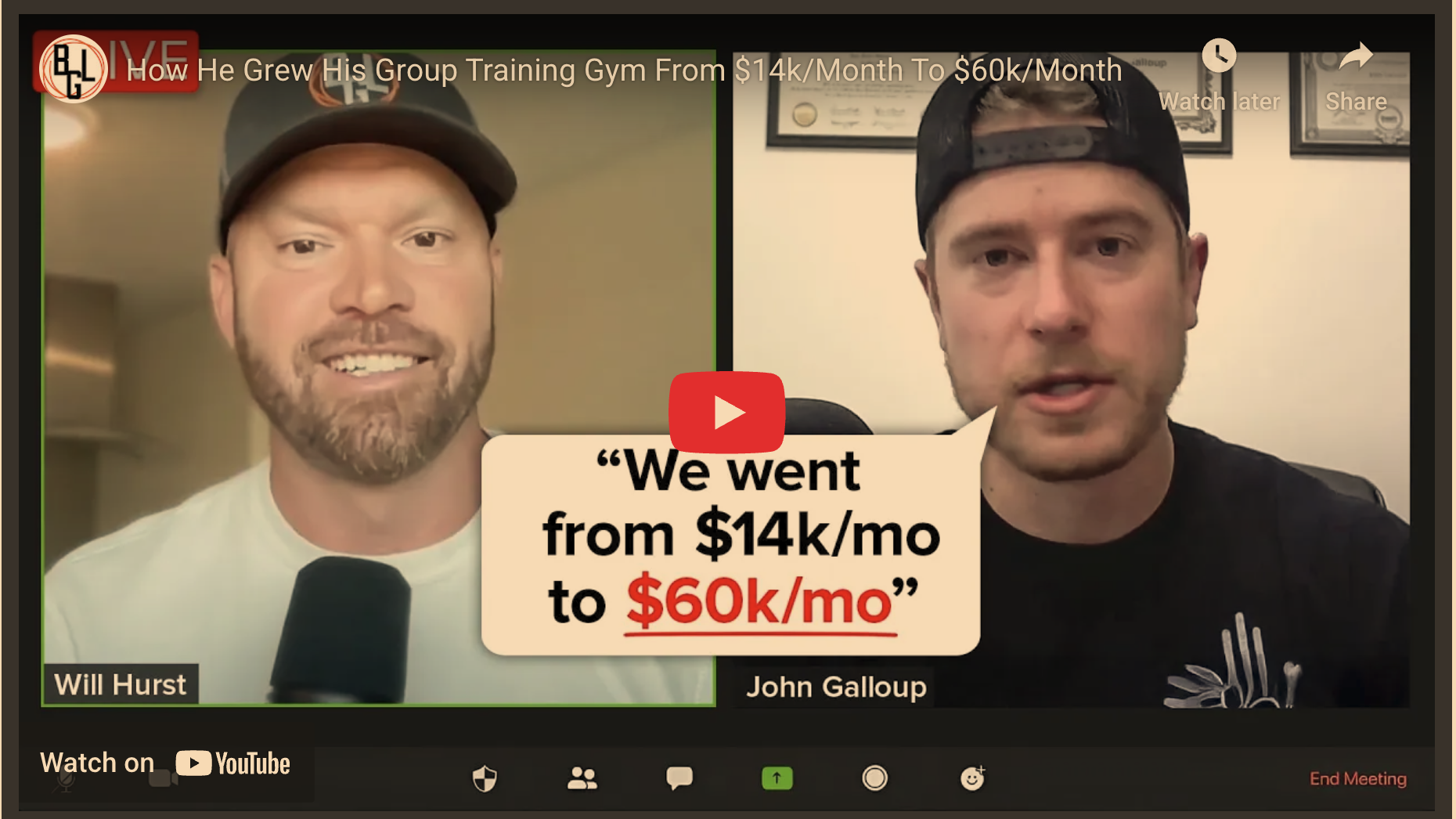 Confident men in virtual meeting discussing how to grow your gym revenue.